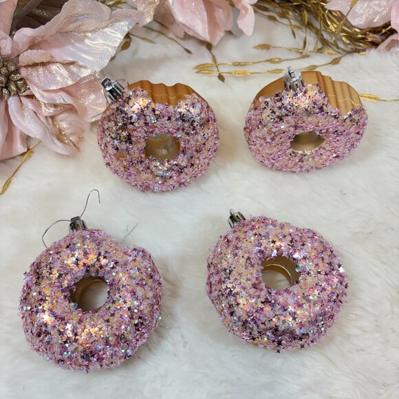 Set of 4 Pink Glitter Donut Christmas Holiday Candy Gingerbread Ornaments - Picture 1 of 6